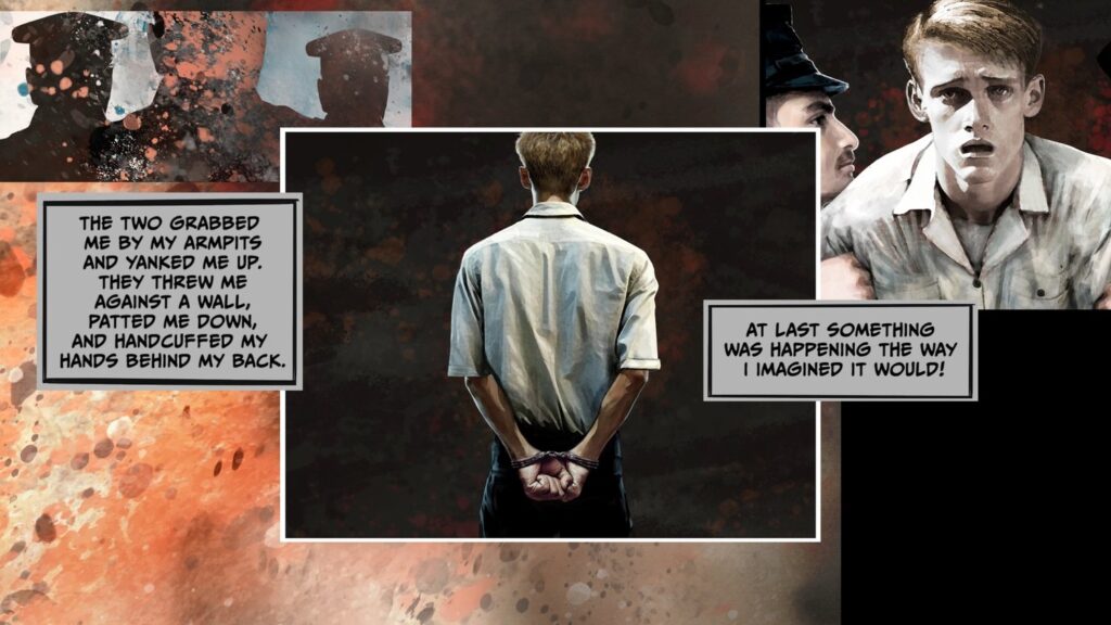 A graphic novel style image captured from the film about a time when George was arrested as a young man.